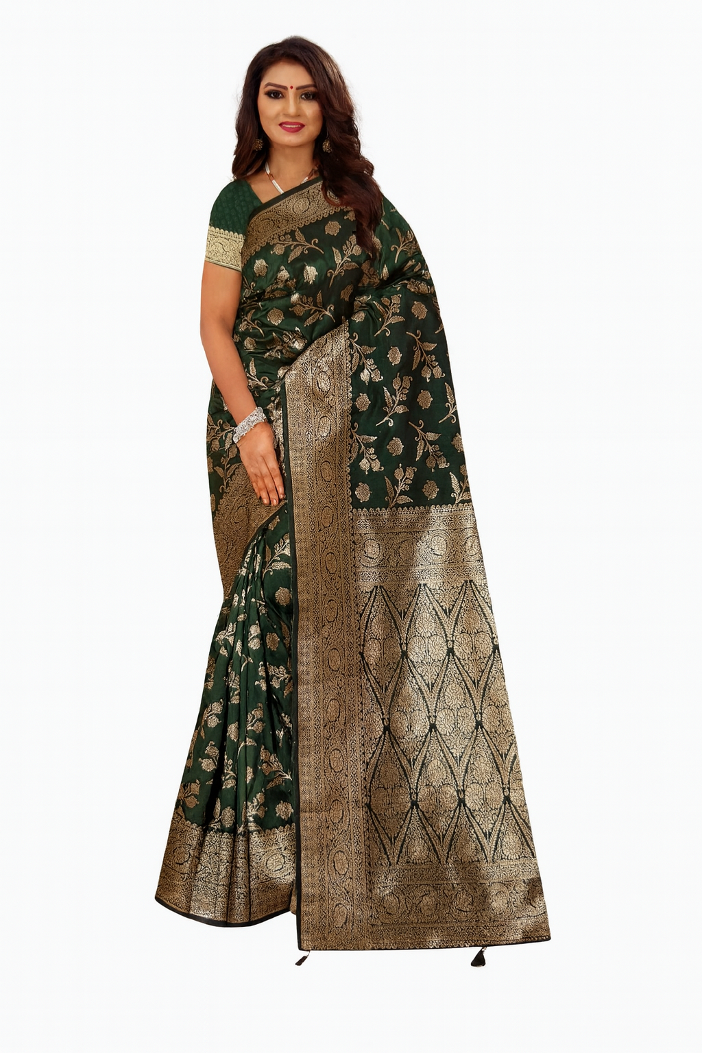 Elegant Green saree with golden zari work, perfect for celebrations