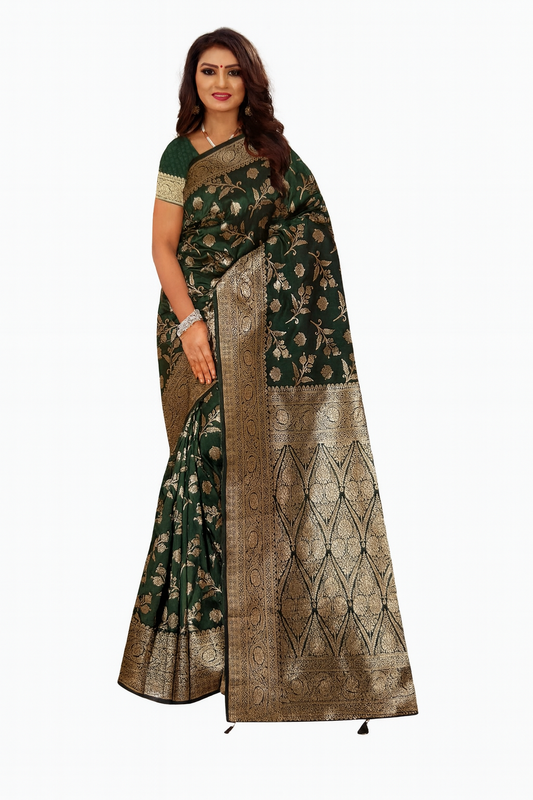 Elegant Green saree with golden zari work, perfect for celebrations