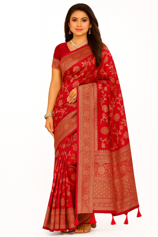 Premium Pink Silk Saree with Golden Zari Weaving & Unstitched Blouse Piece