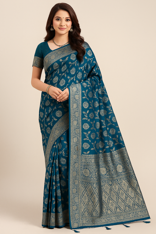 Elegant teal-blue saree with golden zari work, perfect for celebrations.