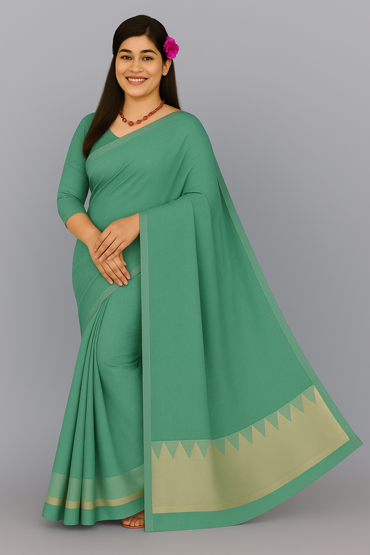 Green Assam Silk Saree with Golden Border & Lining Blouse Piece