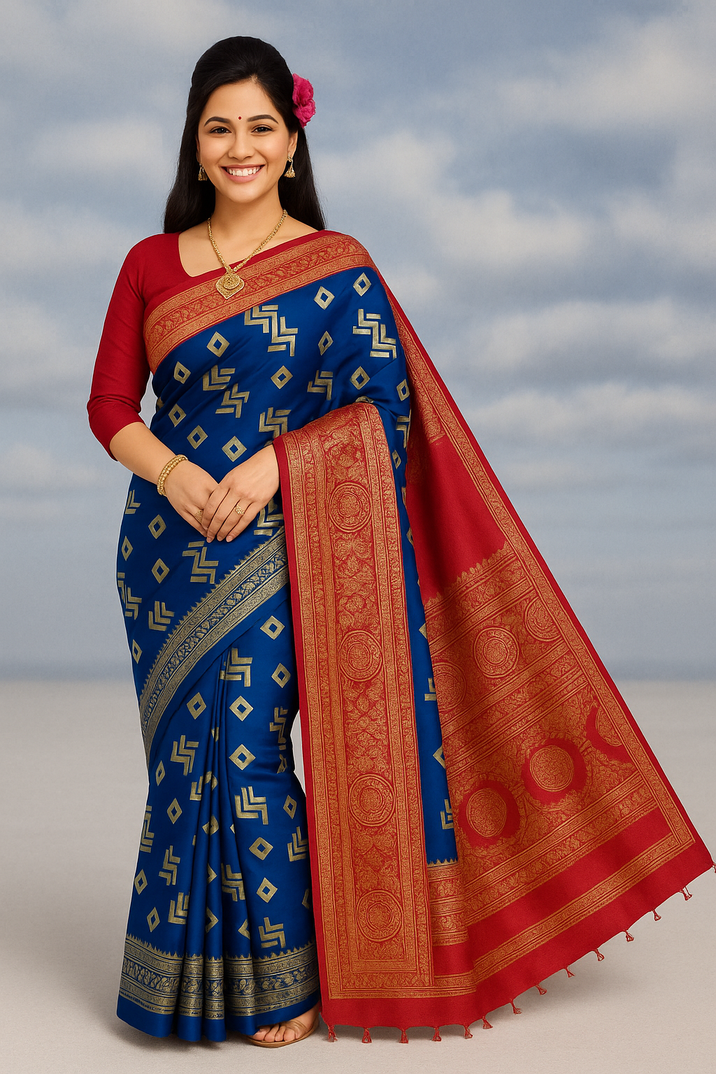 Blue & Red Silk Saree with Golden Zari Work and Blouse Piece