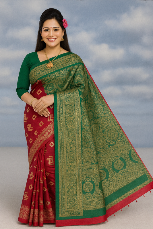 Red & Green Silk Saree with Golden Zari Weaving and Blouse Piece