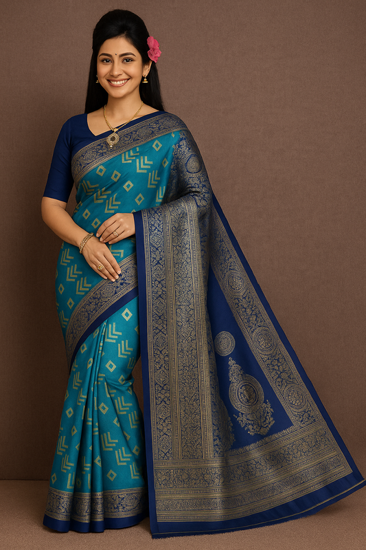 Teal Blue Silk Saree with Navy Blue Zari Woven Border & Blouse Piece