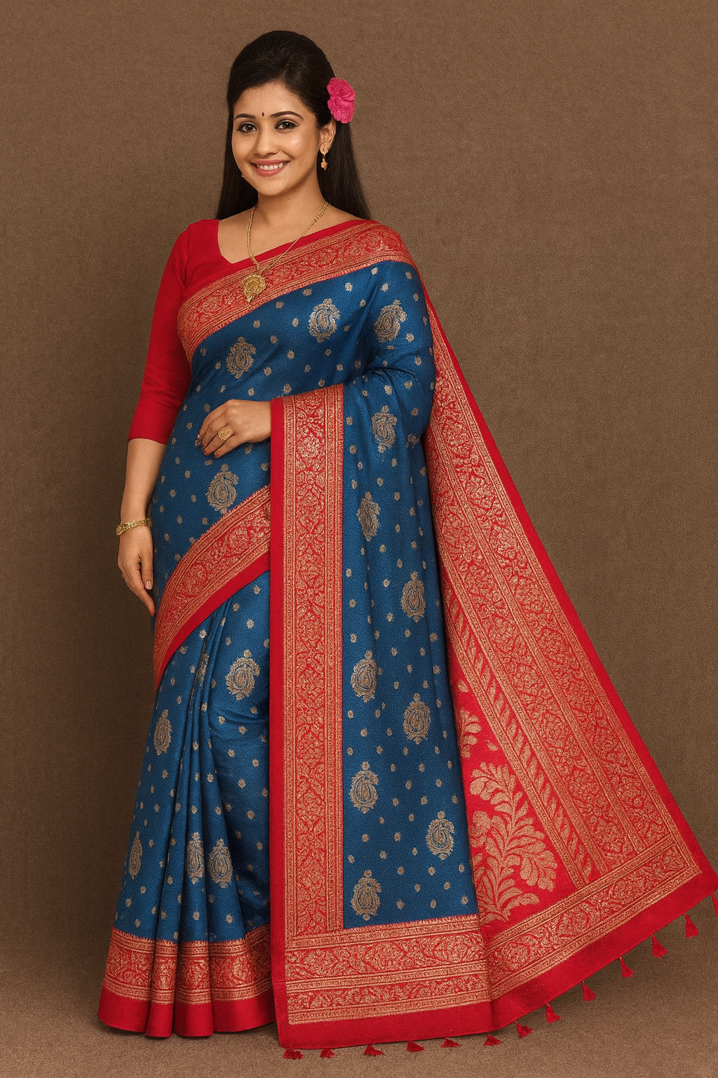 Blue & Red Silk Saree with Golden Zari Weaving and Blouse Piece