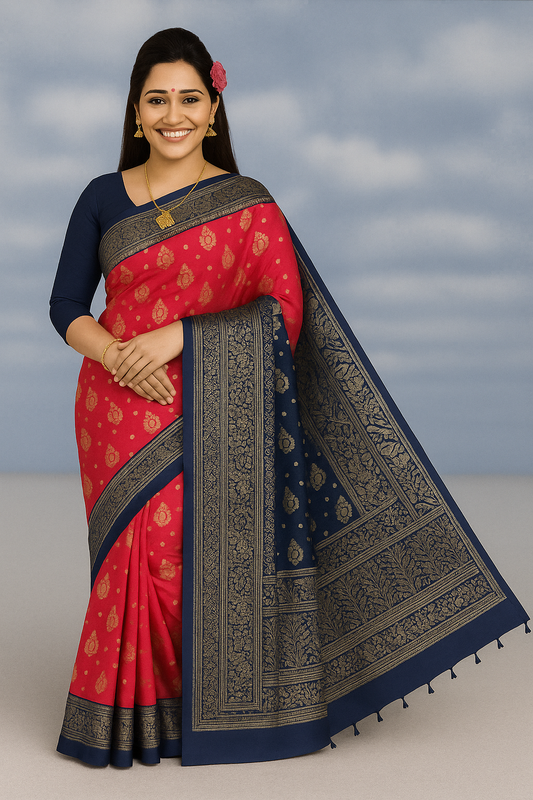 Red & Navy Blue Silk Saree with Golden Zari Weaving and Blouse Piece