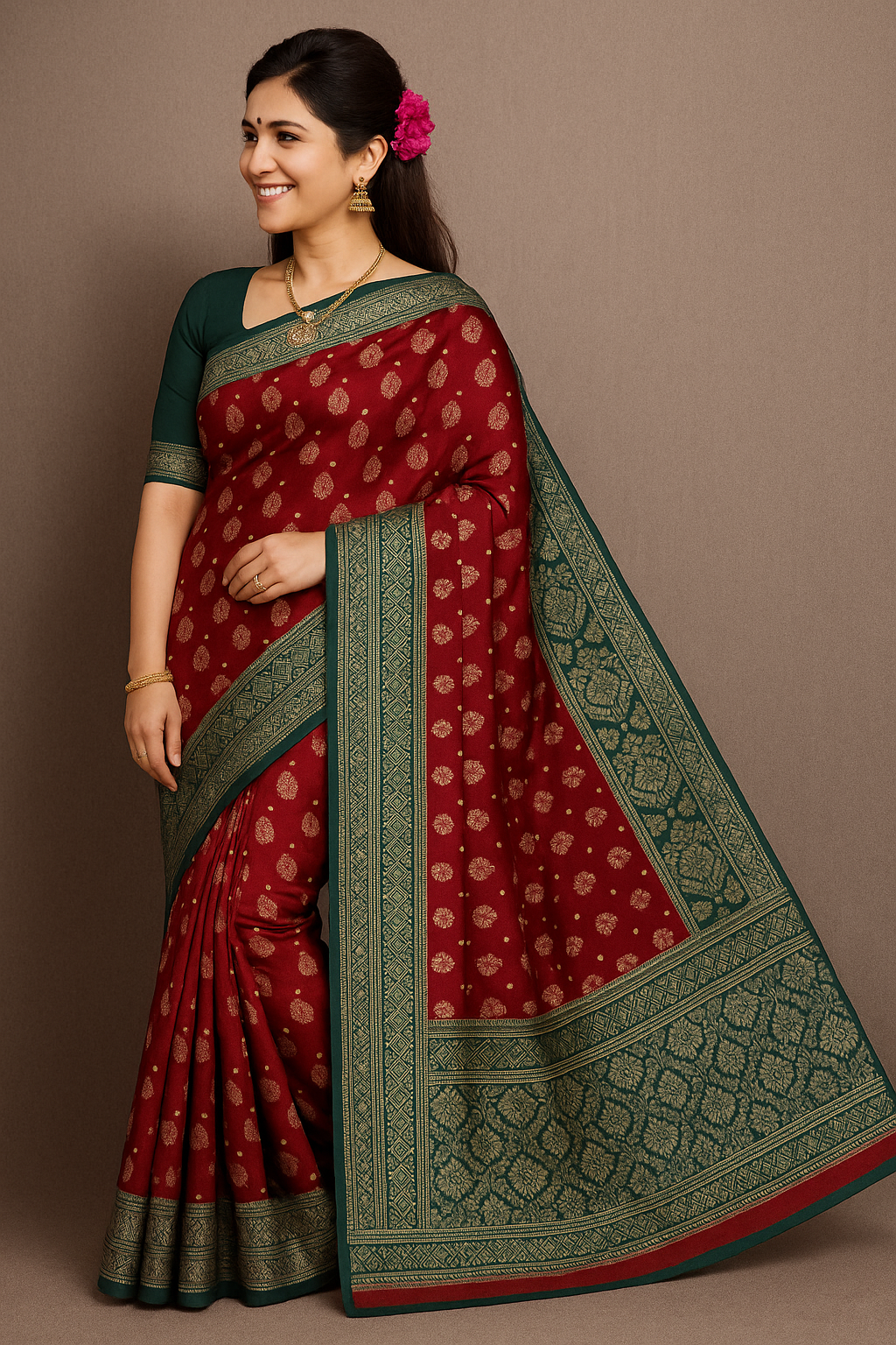 Maroon & Green Silk Saree with Golden Zari Weaving and Blouse Piece