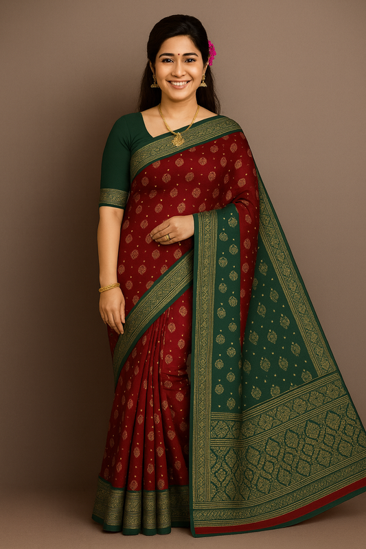 Maroon & Green Silk Saree with Golden Zari Weaving and Blouse Piece