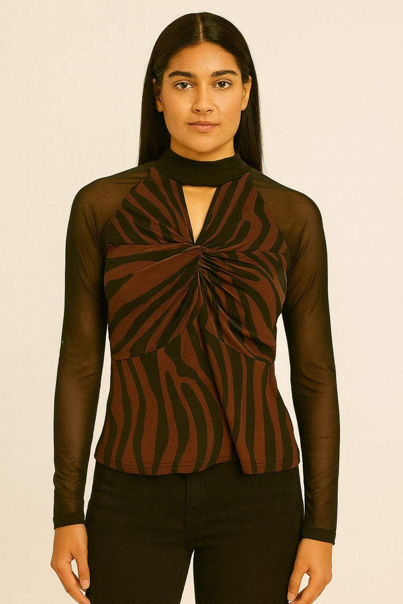 Brown Printed Ruched High Neck Top with Sheer Full Sleeves for Women