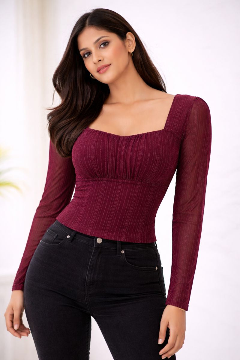 Wine Red Square Neck Gathered Top with Full Sleeves for Women