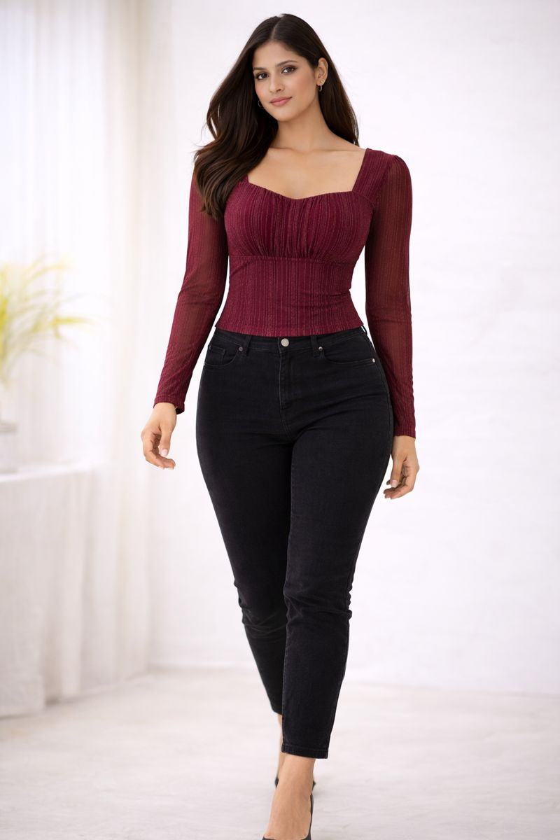 Wine Red Square Neck Gathered Top with Full Sleeves for Women