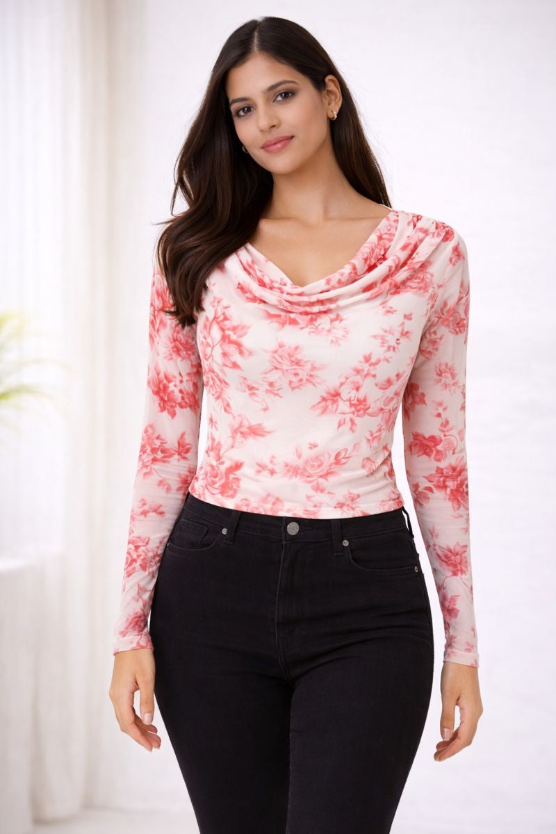 White & Pink Floral Print Cowl Neck Full Sleeve Top for Women