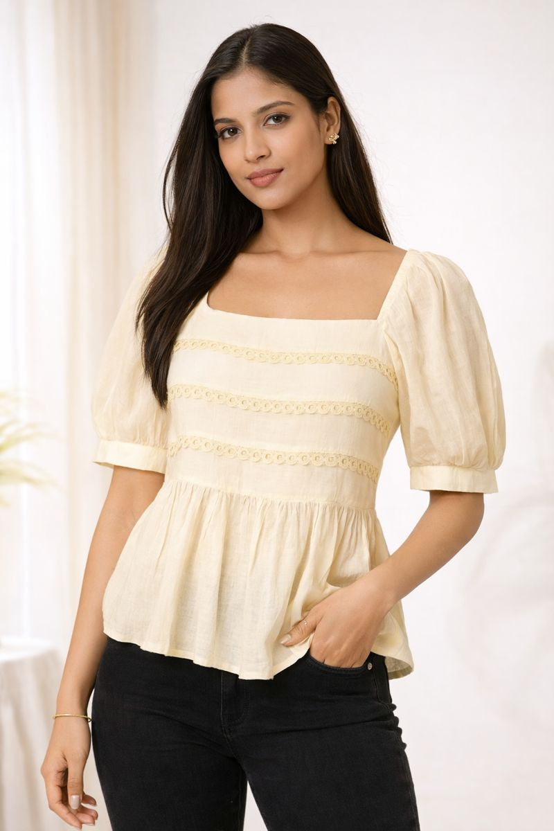 Ivory Square Neck Peplum Top with Puff Sleeves for Women