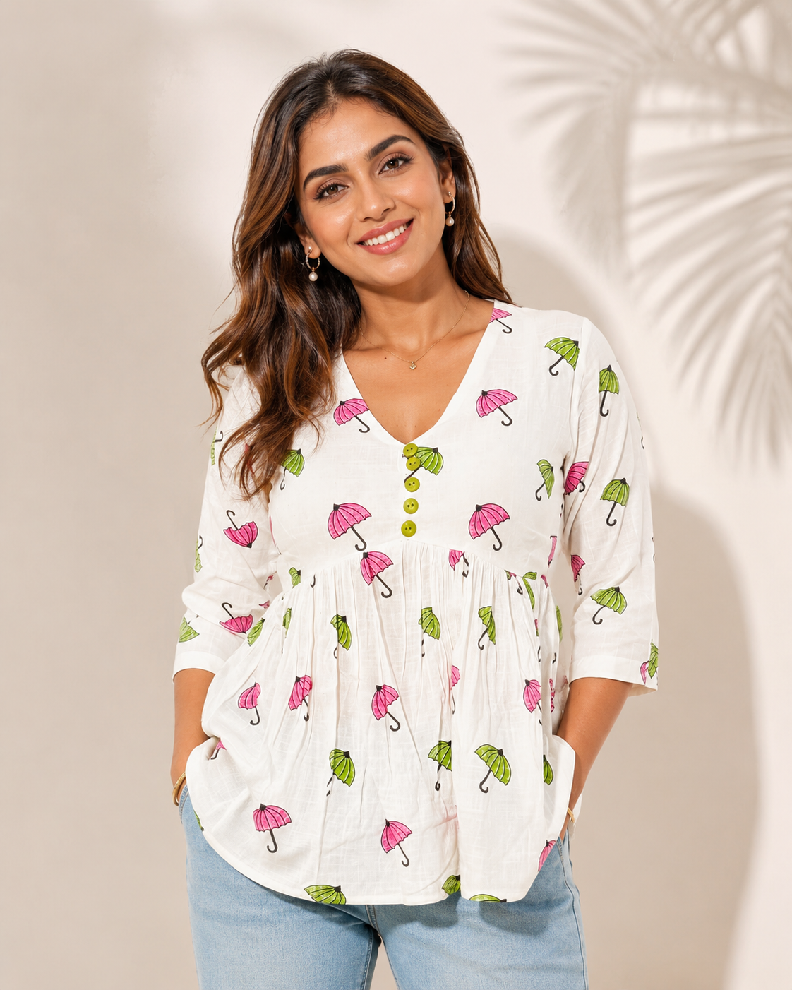 White Cotton Umbrella Print Peplum Top for Women | Casual Summer Wear