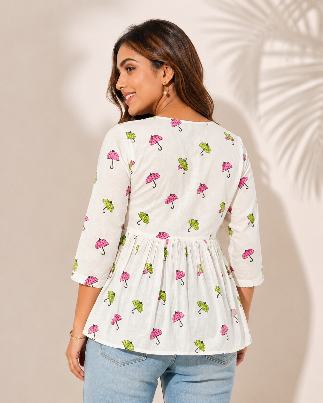 White Cotton Umbrella Print Peplum Top for Women | Casual Summer Wear