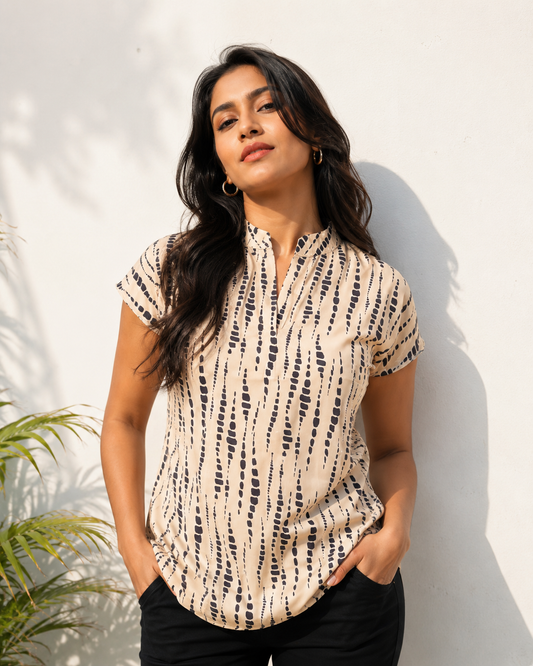 Beige Printed Short Sleeve Top for Women | Office & Casual Wear