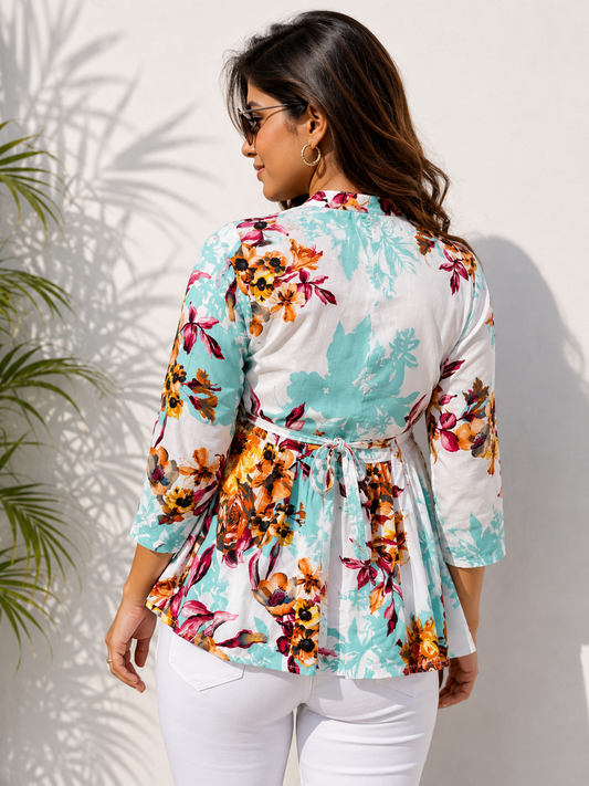 Multicolor Floral Print Peplum Top for Women | Cotton 3/4 Sleeve Casual Summer Tunic with Tie-Up Back