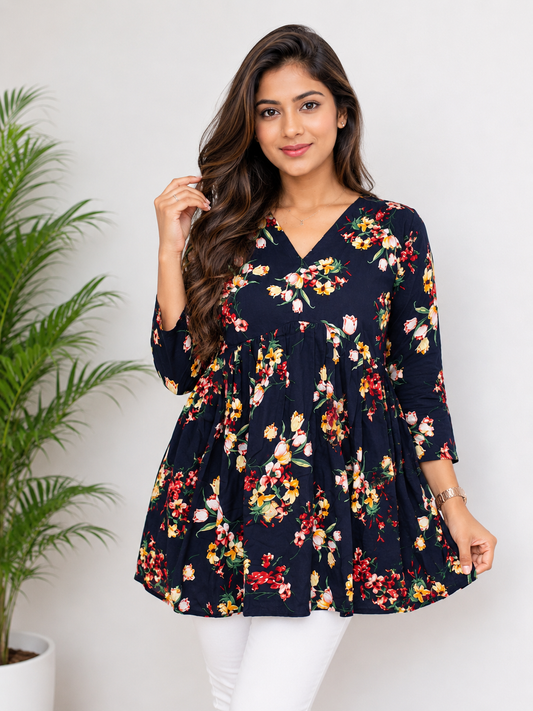 Women’s Navy Blue Floral Printed V-Neck Short Kurti Top | Casual Daily Wear Tunic