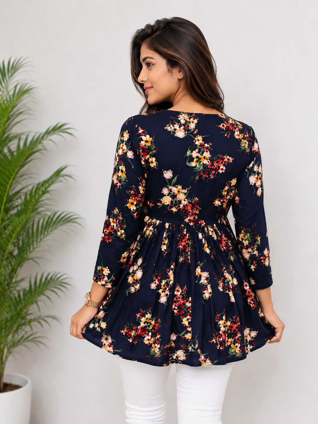 Women’s Navy Blue Floral Printed V-Neck Short Kurti Top | Casual Daily Wear Tunic