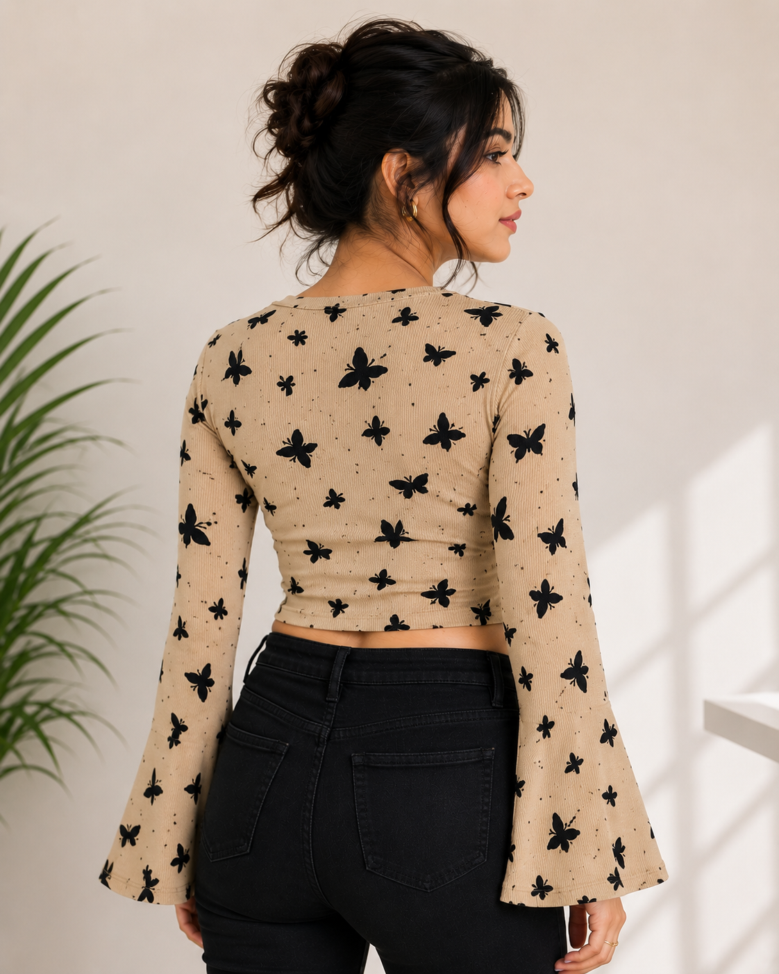 Mustard Yellow Butterfly Print Crop Top with Flared Sleeves for Women