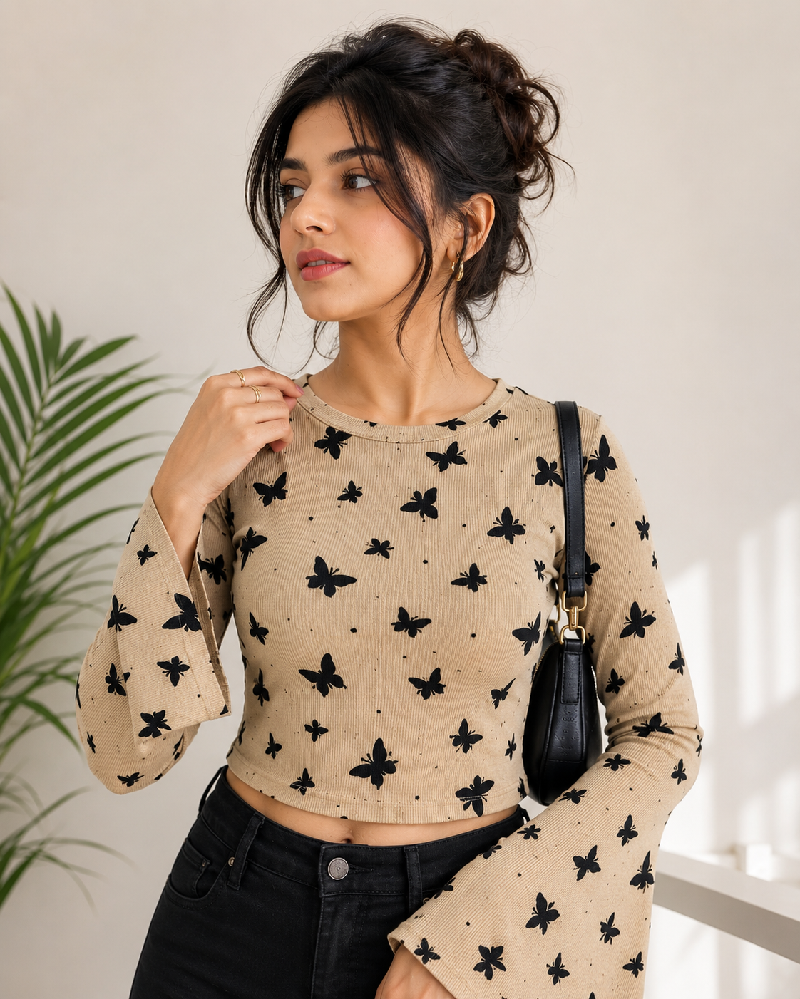 Mustard Yellow Butterfly Print Crop Top with Flared Sleeves for Women