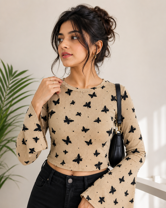 Mustard Yellow Butterfly Print Crop Top with Flared Sleeves for Women