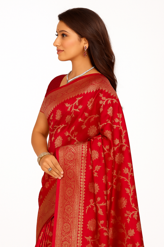 Premium Pink Silk Saree with Golden Zari Weaving & Unstitched Blouse Piece