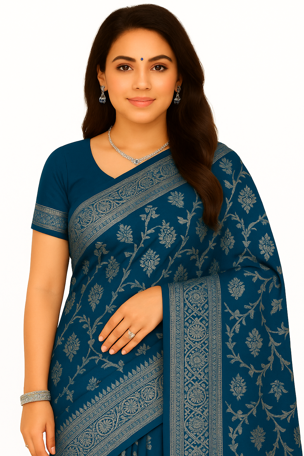 Elegant teal-blue saree with golden zari work, perfect for celebrations.