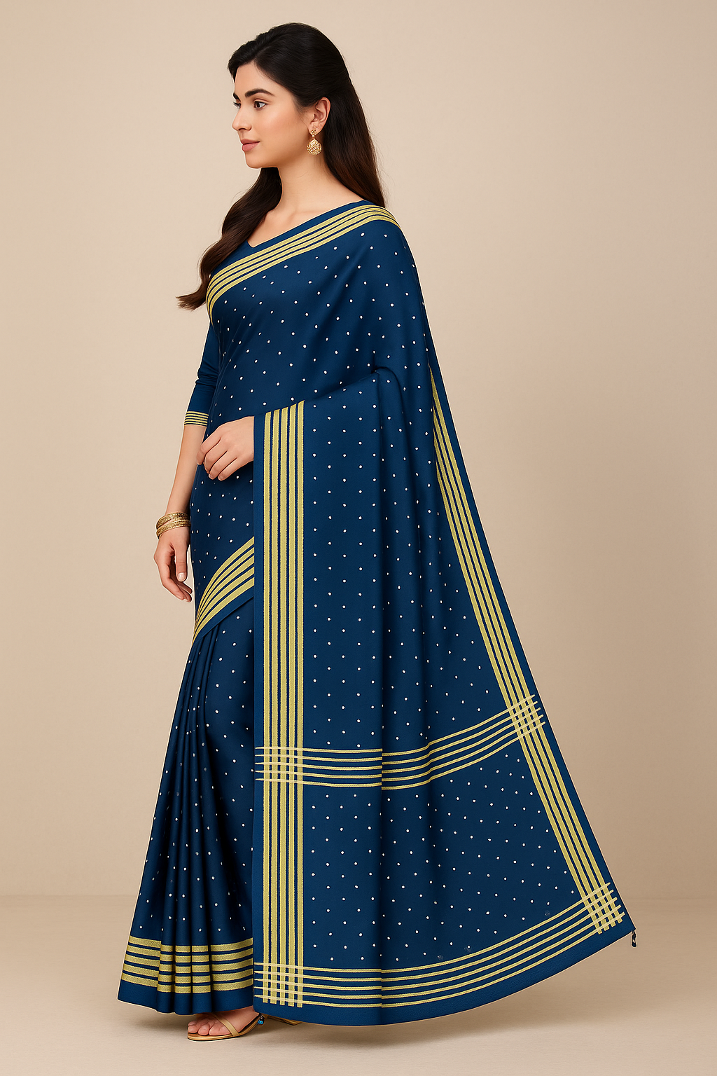 Navy Blue Soft Silk Saree with Golden Stripes & Polka Design