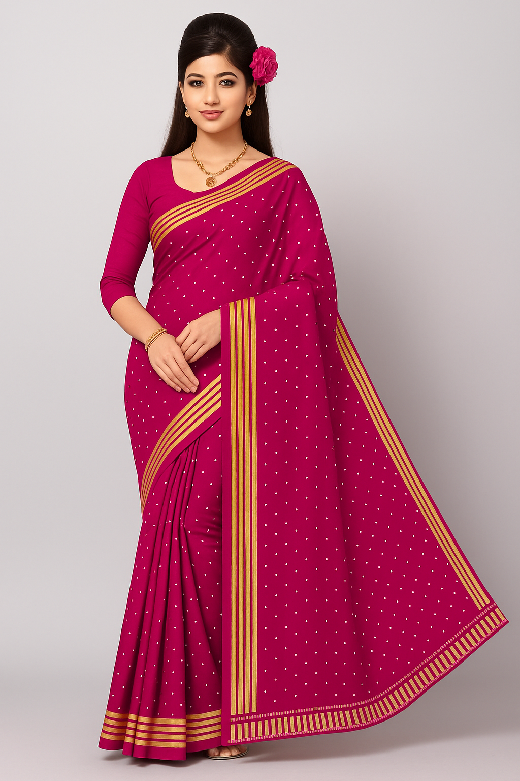 Elegant Magenta Silk Saree with Golden Border
