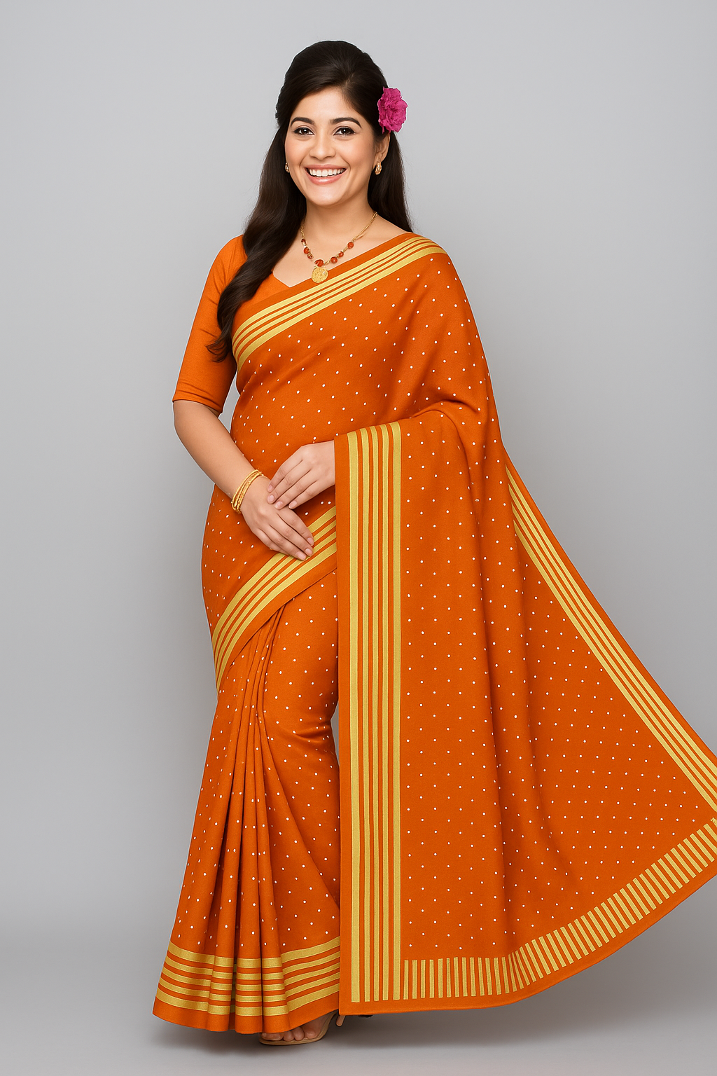 Navy Blue Soft Silk Saree with Golden Stripes & Polka Design