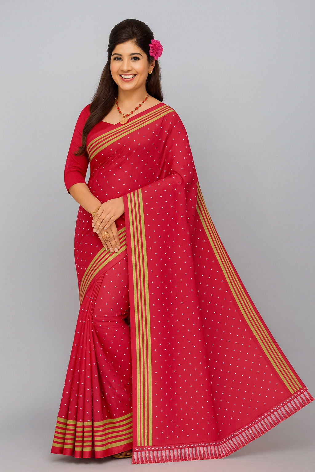Navy Blue Soft Silk Saree with Golden Stripes & Polka Design