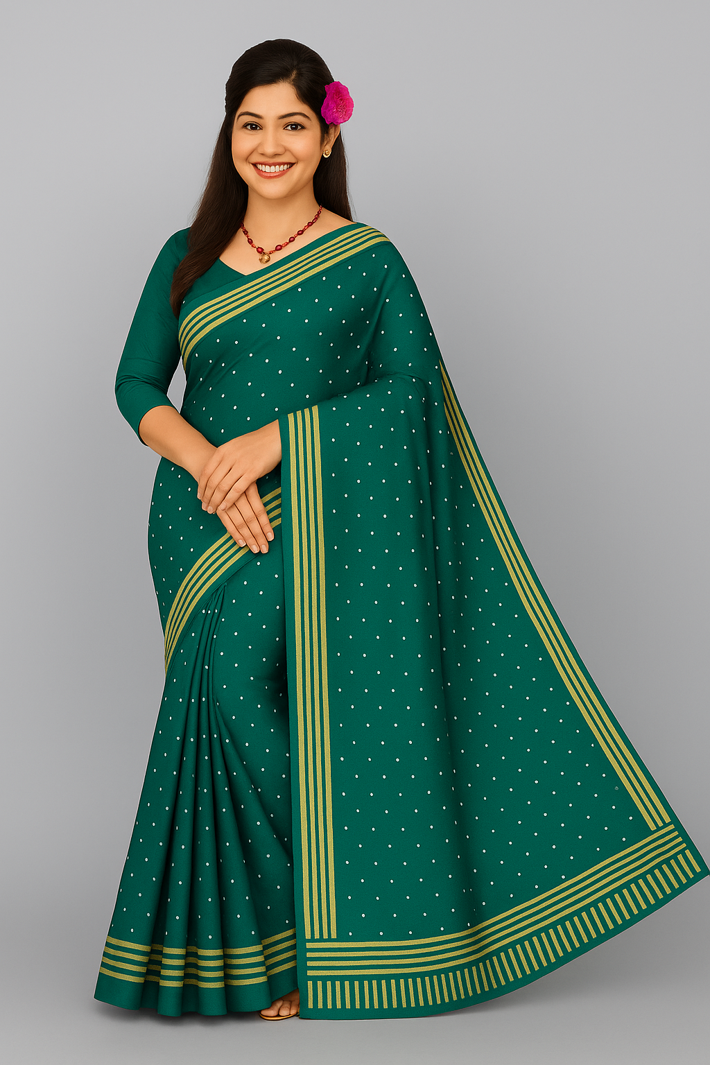 Navy Blue Soft Silk Saree with Golden Stripes & Polka Design