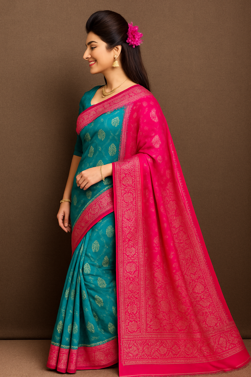 Blue & Pink Silk Saree with Golden Zari Weaving and Blouse Piece