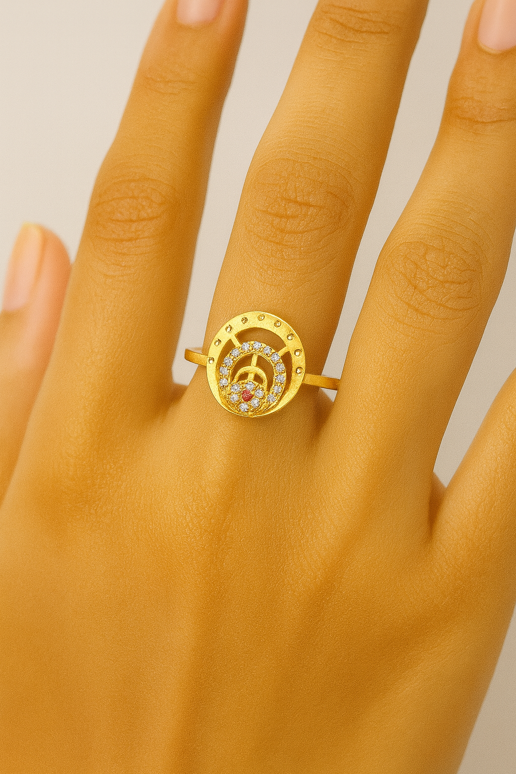 Adjustable Gold Plated Artificial Finger Ring for Women | CZ & Red Stone Designer Ring