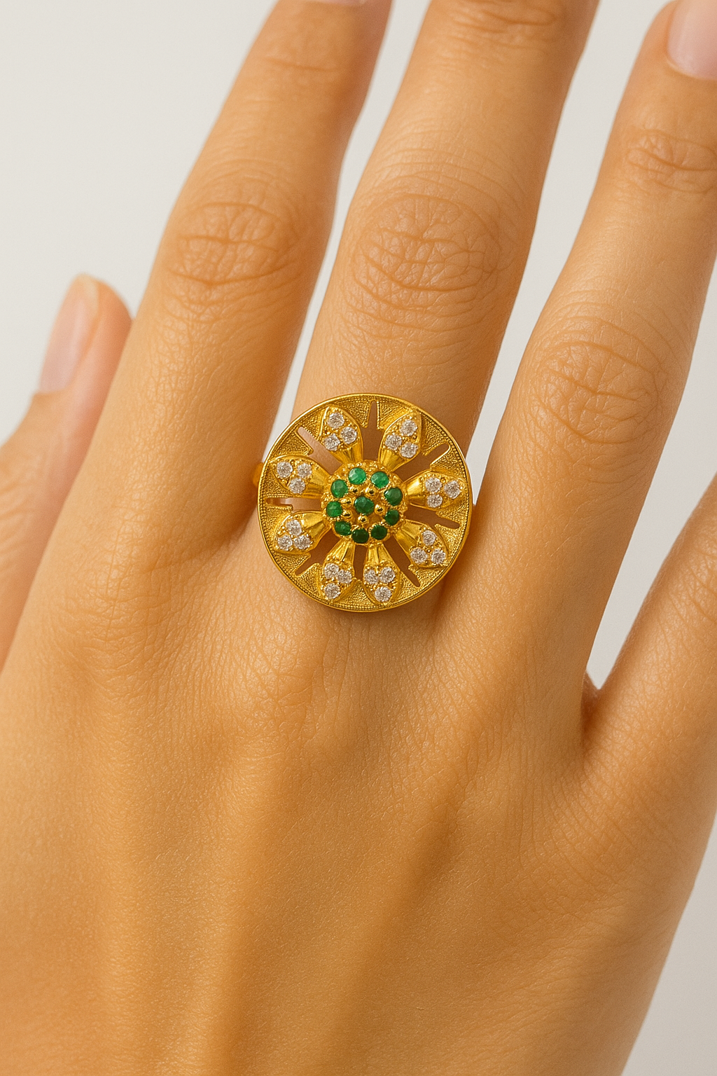 Gold Plated Medium Size Artificial Finger Ring for Women | Green CZ Statement Ring