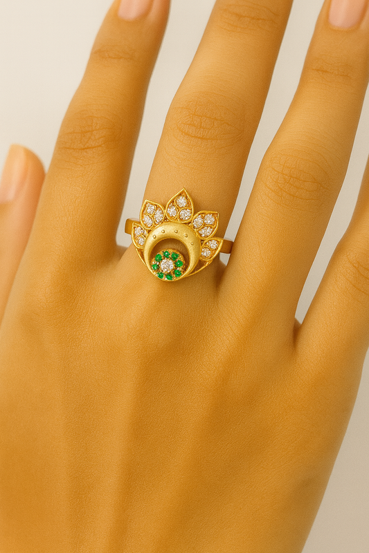 Gold Plated Lotus Design Artificial Ring for Women | Green CZ Stone Ring (Non-Adjustable)(Medium)