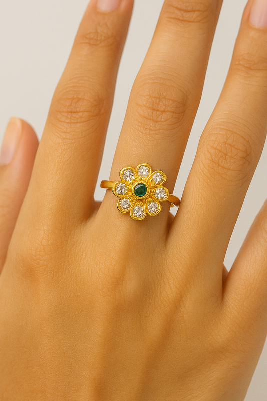 Adjustable Gold Plated Floral Artificial Ring for Women | Green Stone CZ Ring