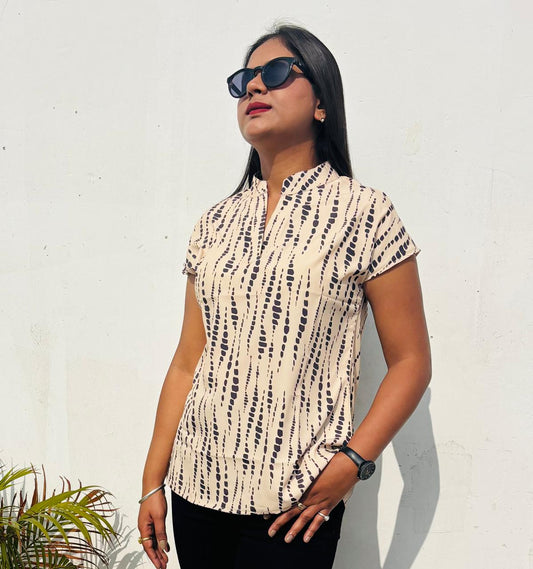 Beige Printed Short Sleeve Top for Women | Office & Casual Wear