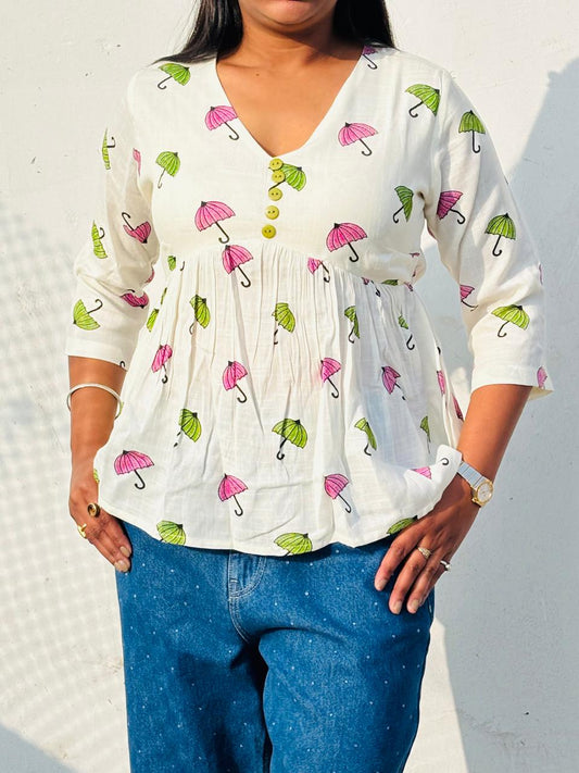 White Cotton Umbrella Print Peplum Top for Women | Casual Summer Wear