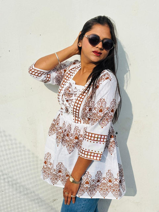 White & Brown Printed Cotton Peplum Top for Women | Casual Fusion Wear