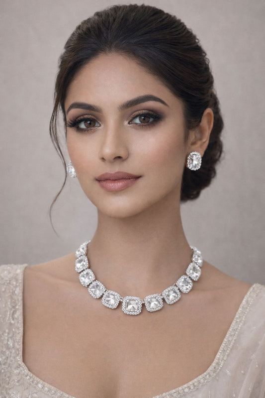Elegant Silver-Tone Artificial Necklace with Square Crystal Design | Bridal & Party Wear Jewellery