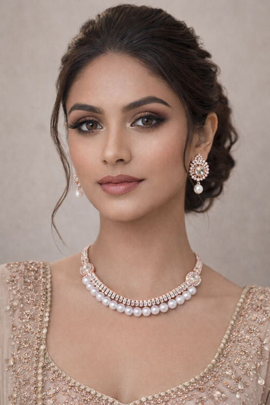 Pearl & Rose Gold Diamond Necklace Set for Women | Elegant Party Jewellery