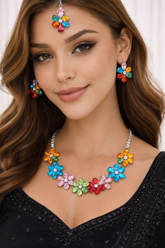 Multicolor Floral Crystal Necklace Set with Earrings & Maang Tikka | Festive Jewellery for Women