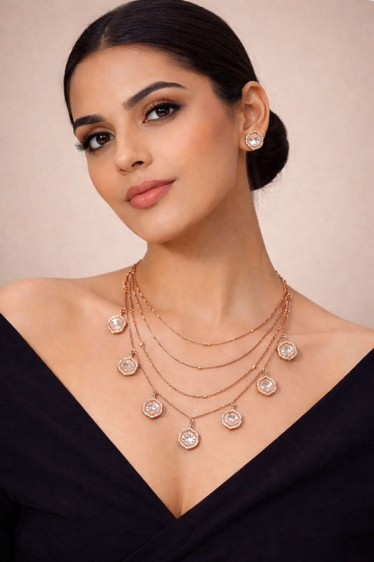 Rose Gold Layered Crystal Pendant Necklace Set for Women | Elegant Party Jewellery