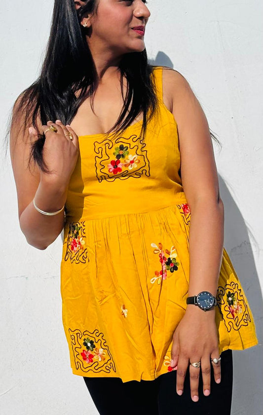 Mustard Yellow Floral Embroidered Peplum Top for Women | Summer Cotton Sleeveless Camisole Top