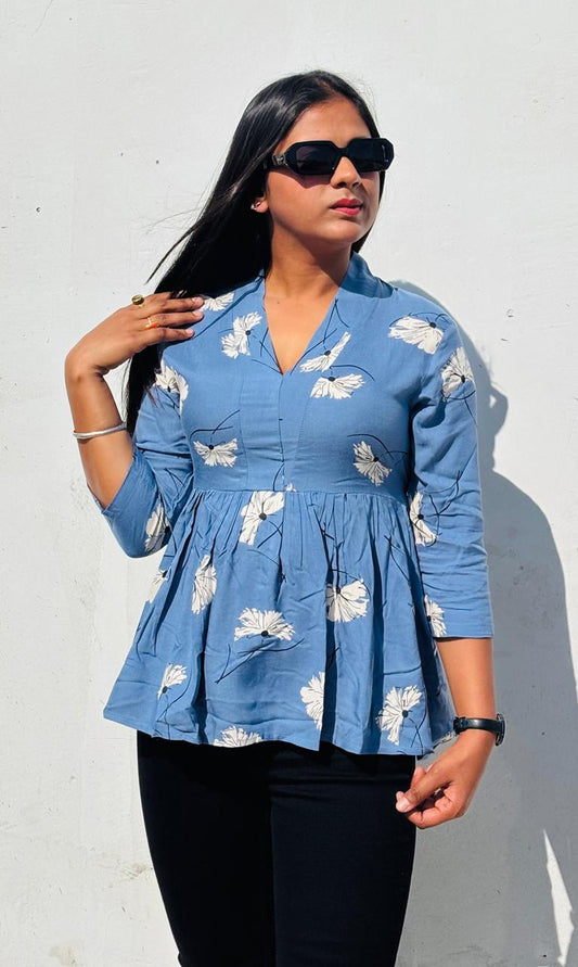 Blue Floral Print Peplum Top for Women | Cotton 3/4 Sleeve Casual Summer Tunic