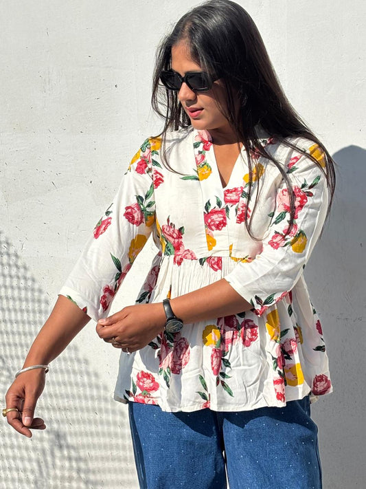 White Rose Floral Print Peplum Top for Women | Cotton 3/4 Sleeve Casual Summer Tunic with Tie-Up Back