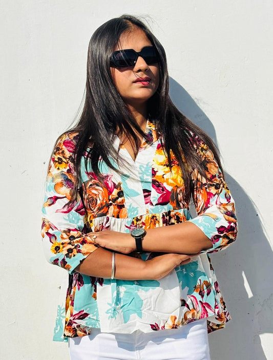 Multicolor Floral Print Peplum Top for Women | Cotton 3/4 Sleeve Casual Summer Tunic with Tie-Up Back