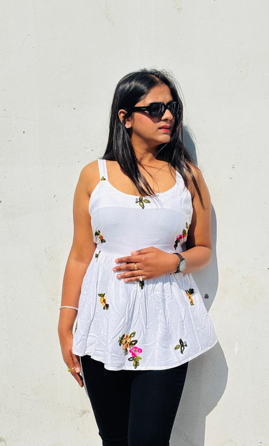 White Floral Embroidered Peplum Top for Women | Summer Casual Cotton Camisole Tank Top